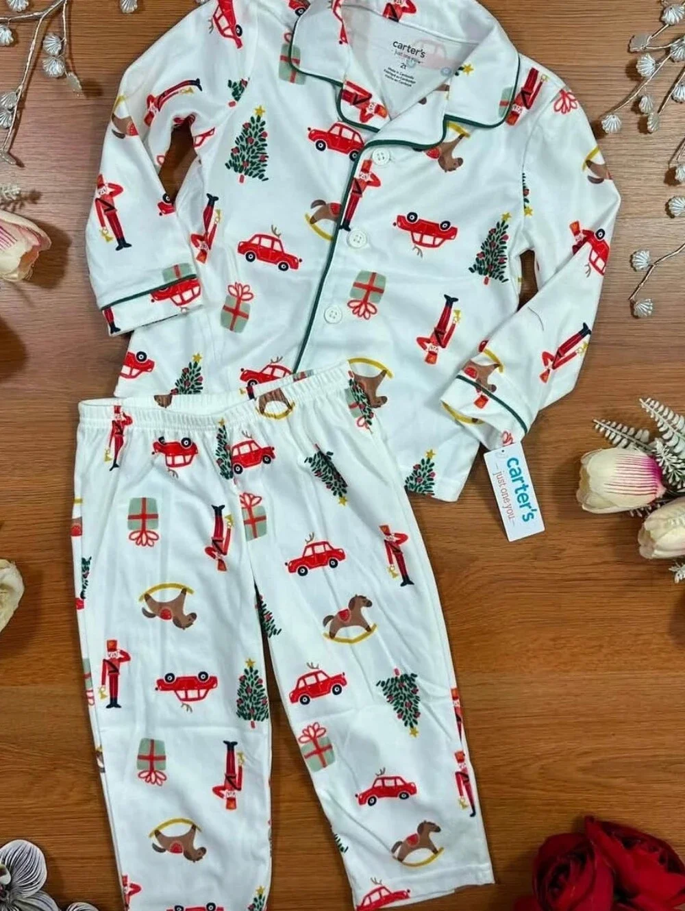 Carter's White Holiday Car & Tree Kids Pajama Set with Red and Green Accents